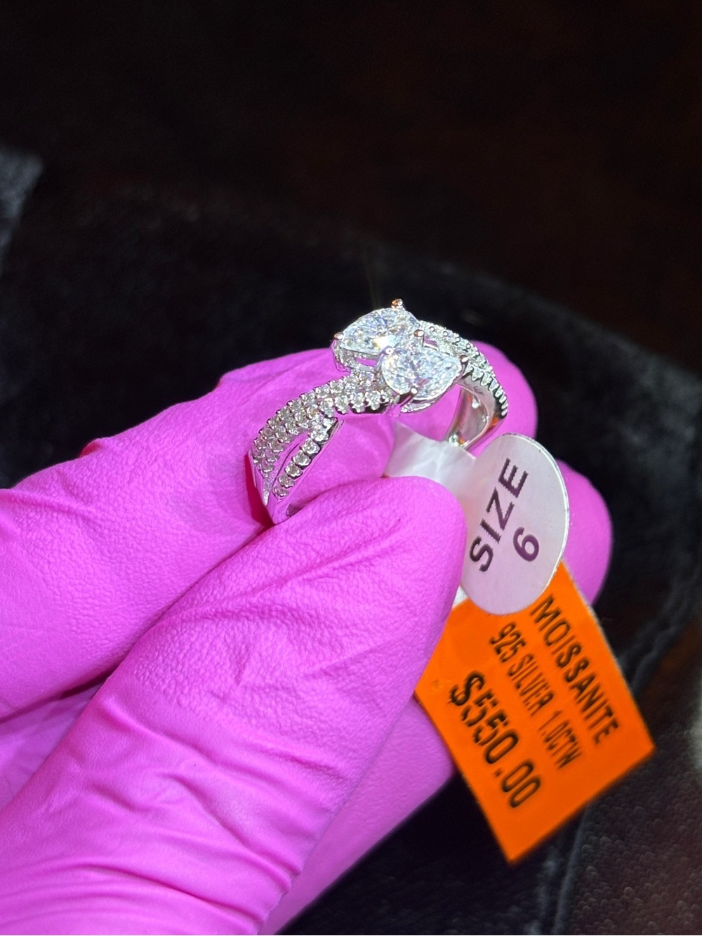 .925 Sterling Silver 1ct. VVS Moissanite Toi et Moi Style Pear-Cut Ring Size 6 - Picture 6 of 13
